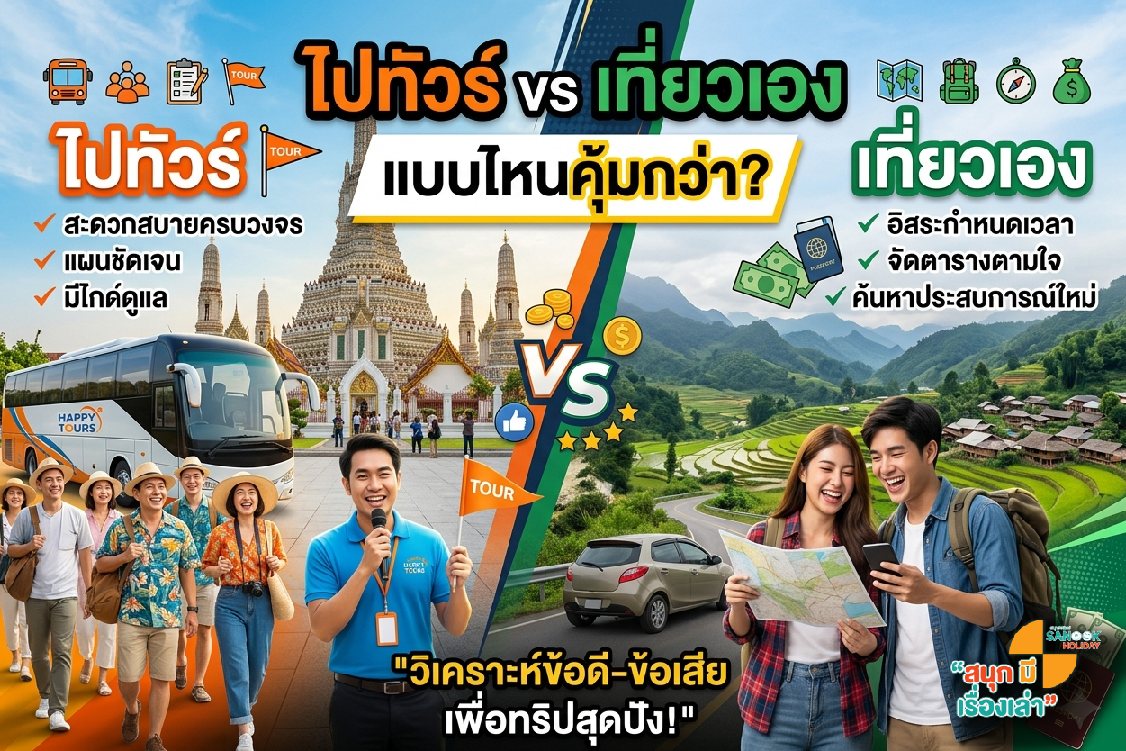 ไปทัวร์ vs เที่ยวเอง แบบไหนคุ้มกว่า? สรุปข้อดี-ข้อเสียฉบับอัปเดต 2026
