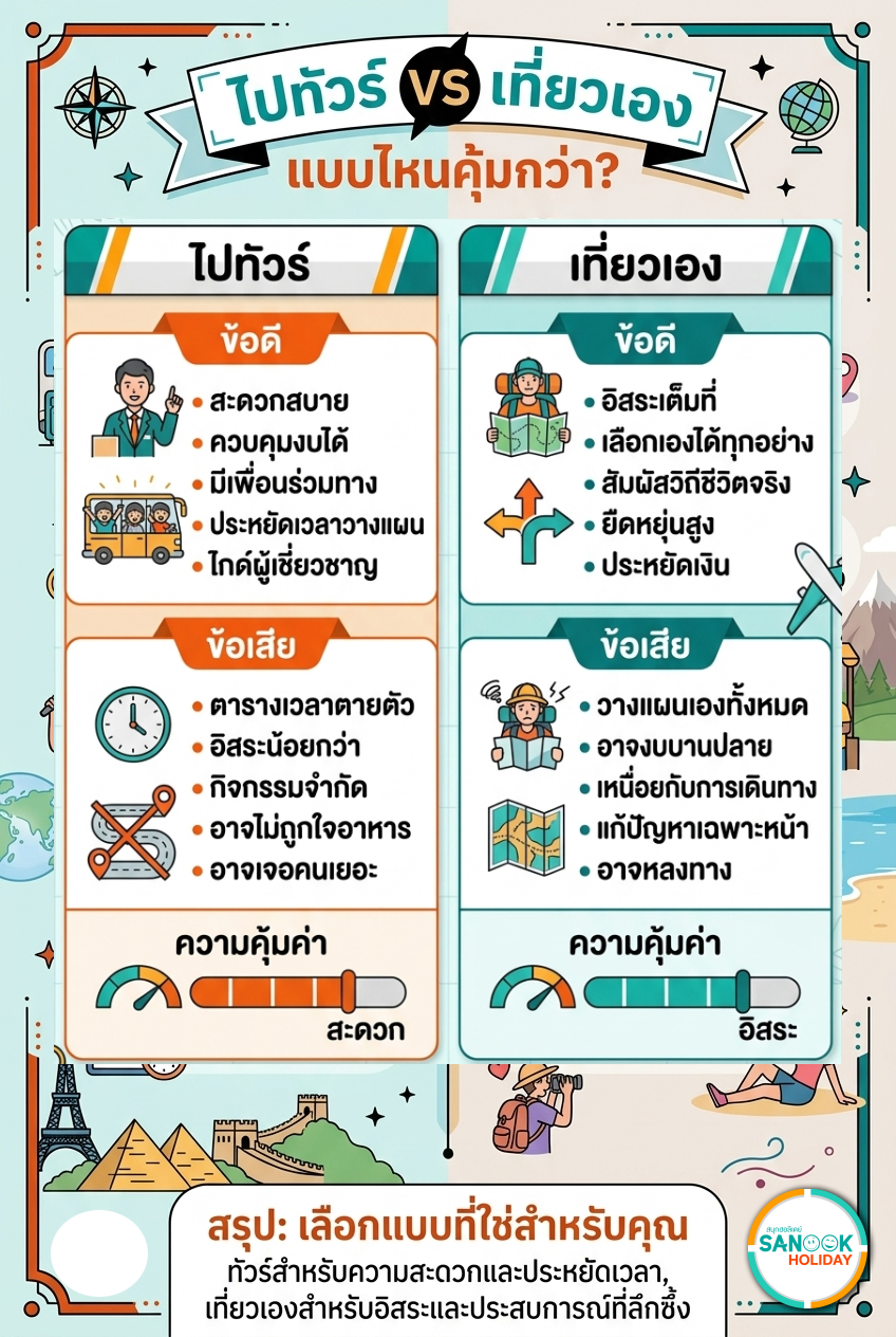ไปทัวร์ vs เที่ยวเอง แบบไหนคุ้มกว่า? สรุปข้อดี-ข้อเสียฉบับอัปเดต 2026
