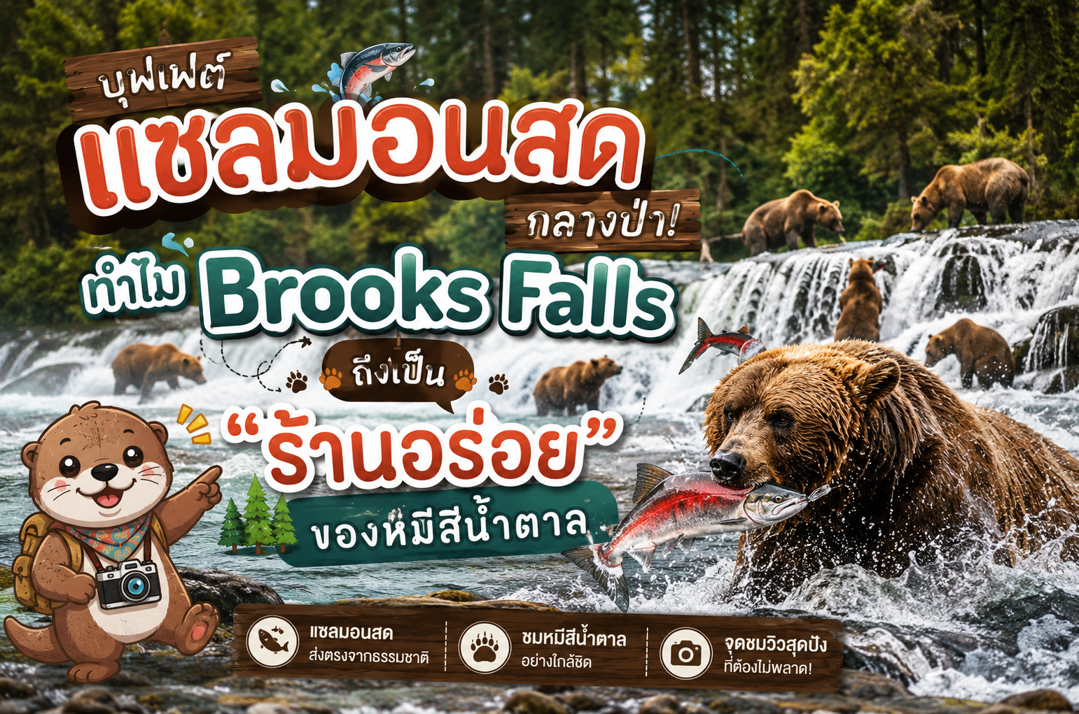 บุฟเฟต์แซลมอนสดกลางป่า! ทำไม Brooks Falls ถึงเป็น