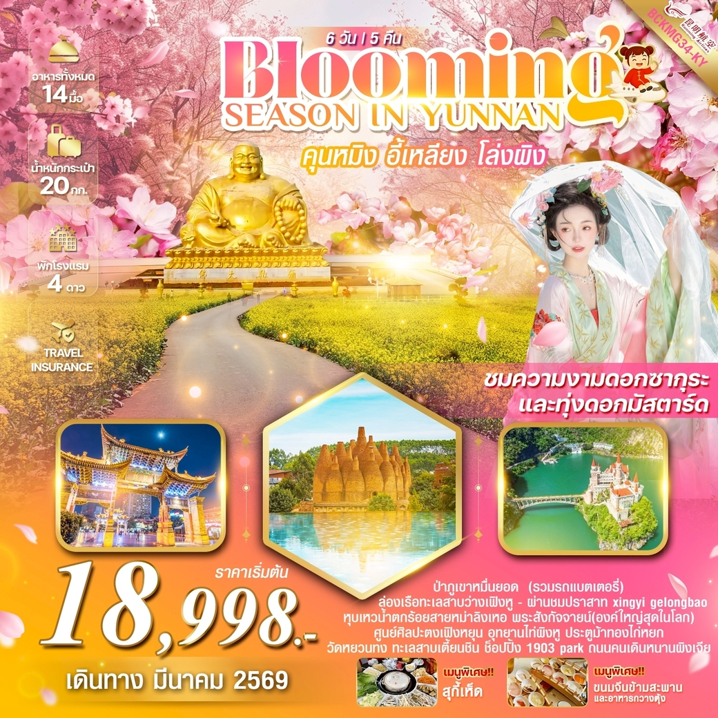 ทัวร์จีน BLOOMING SEASON IN YUNNAN คุนหมิง อี้เหลียง โล่วผิง 6วัน  5คืน (KY)