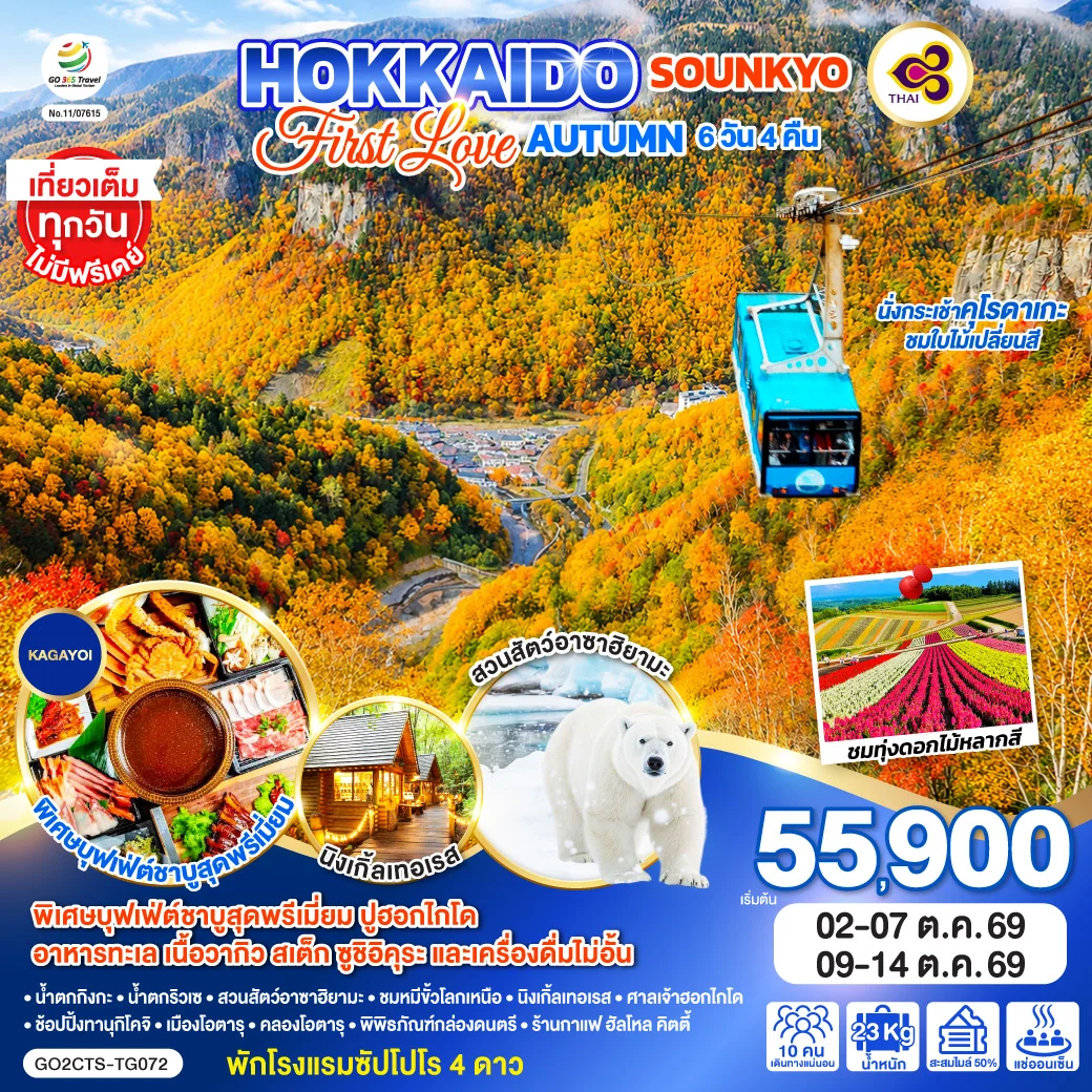 ทัวร์ญี่ปุ่น HOKKAIDO SOUNKYO First Love AUTUMN 6วัน 4คืน (TG)